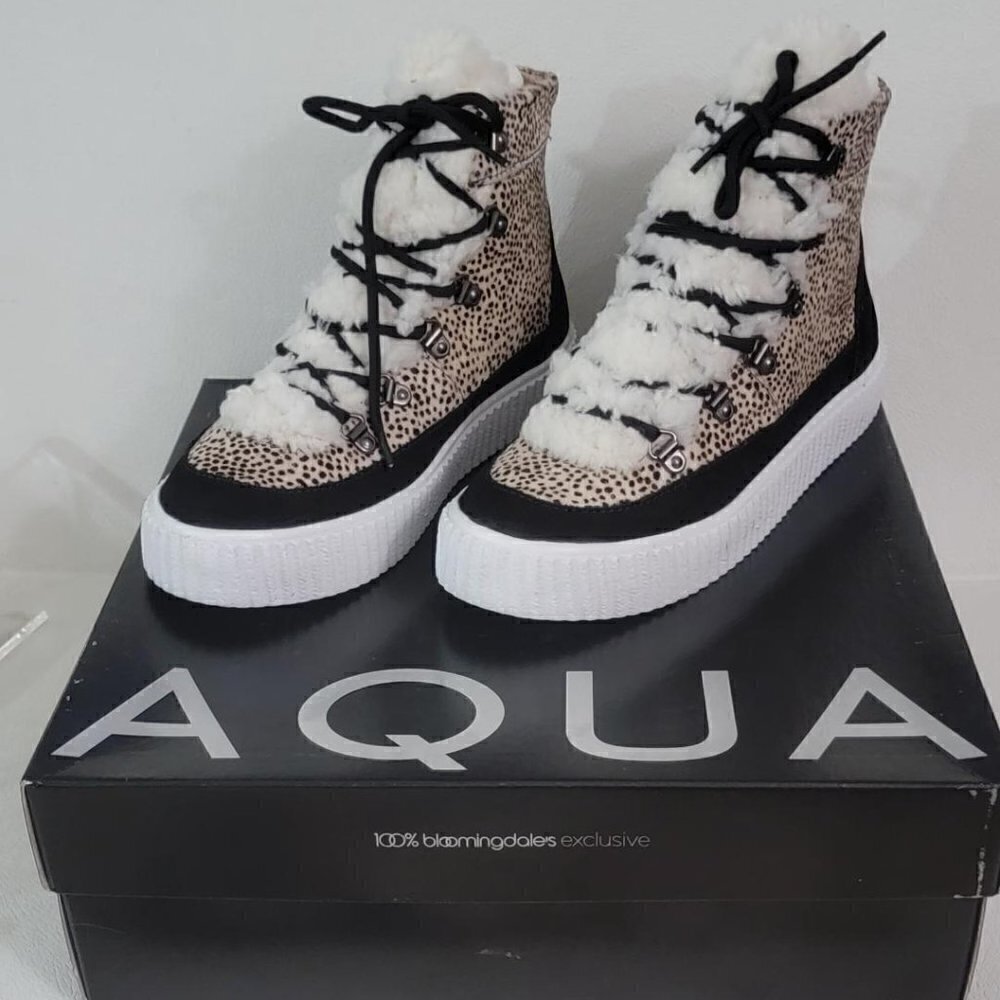 Aqua Bloomingdales High Top Faux Fur Cheetah Print Casual and Fashion Sneakers